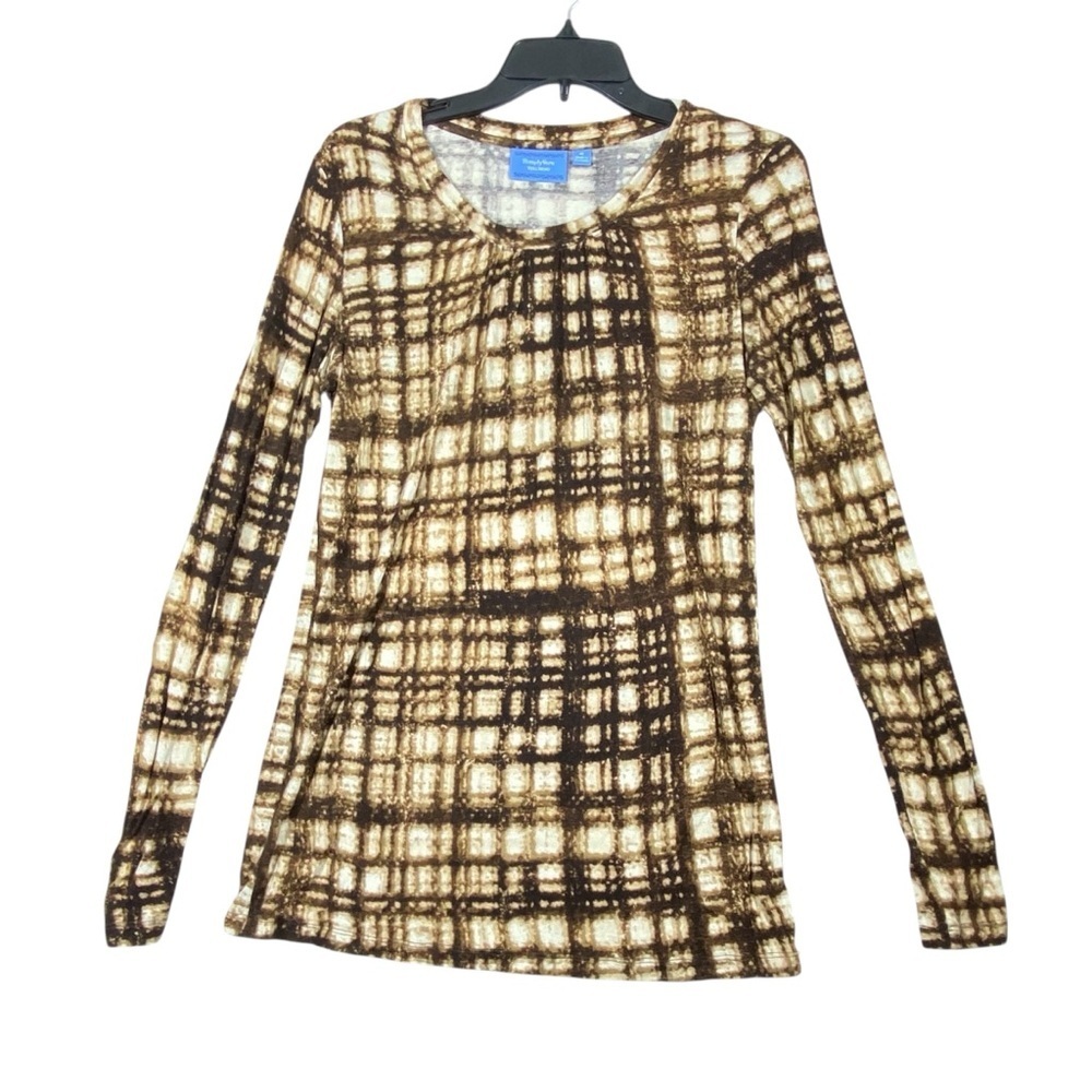 Simply Vera Wang Plaid Blouse Women's M Brown Cream Long Sleeved Soft Casual Top